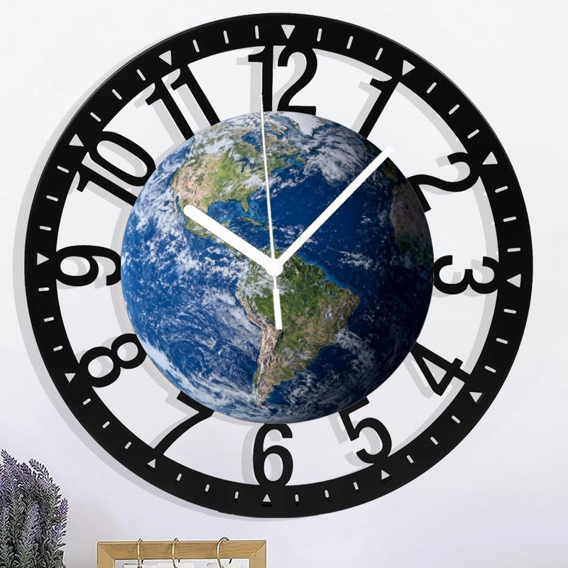 Horloge murale ronde en fer 10 po avec mouvement à quartz silencieux, chiffres arabes, impression UV, Terre