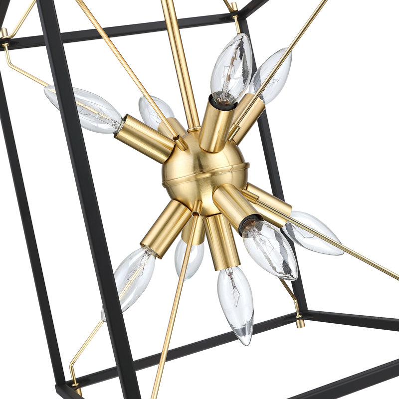 9-Light Modern Rectangle Lantern Pendant Light With Black and Soft Gold Finish And Gold Accents, 22" H x 12" W x 12" D