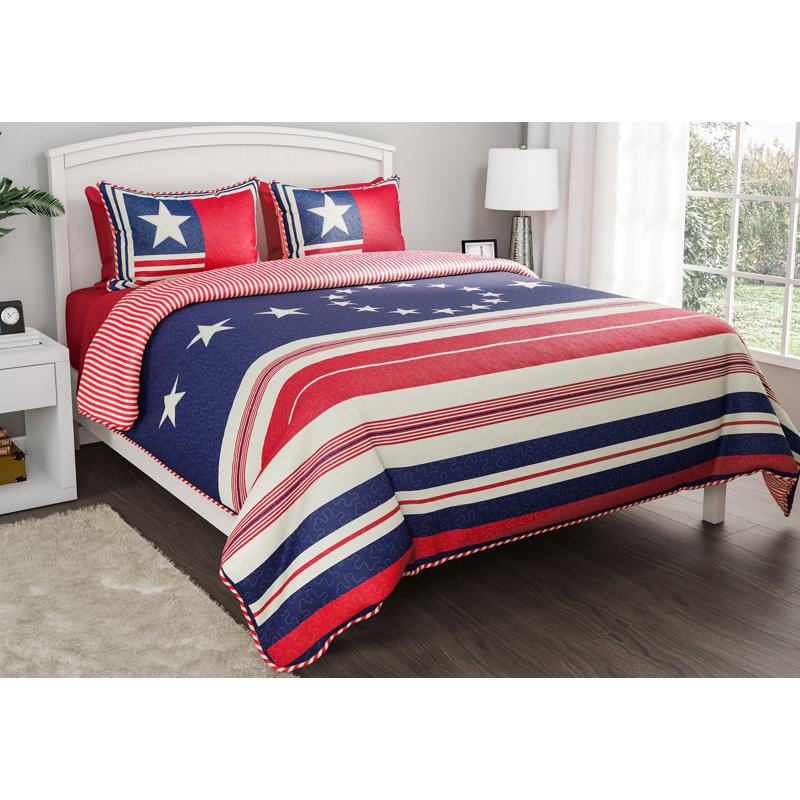 LHC Americana Reversible Quilt Set- Microfiber Bedspread with Pillow Shams, Full/Queen Quilt + 2 Shams