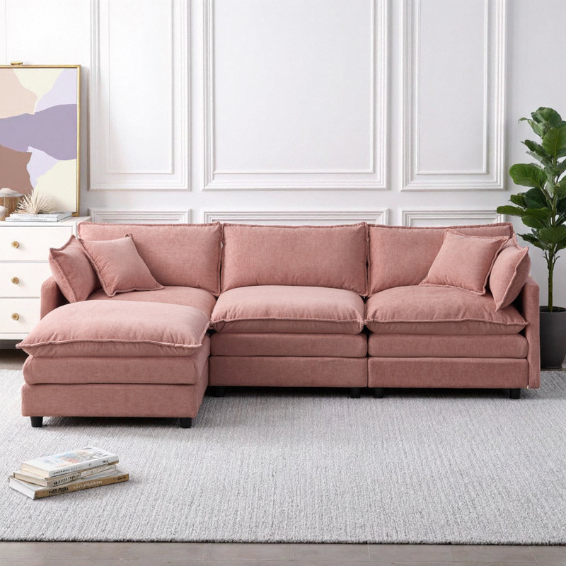 Canapé modulaire en L en chenille de 105 po à 3 places avec repose-pieds beige, Rose