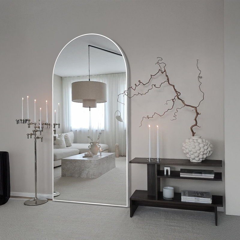 Miroir arqué pleine longueur avec support, miroir de corps entier en alliage d'aluminium, 71 po x 32 po, Argent argent