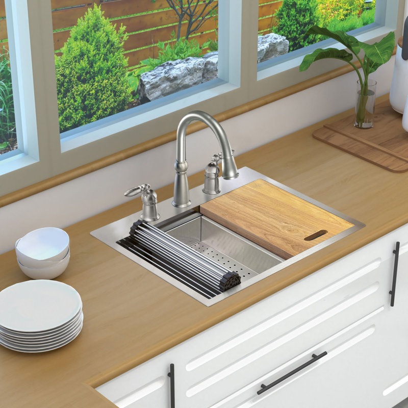 Transolid 27-in X 22-in 18-Gauge Drop-in Stainless Steel Kitchen Workstation Sink, 3 Hole 