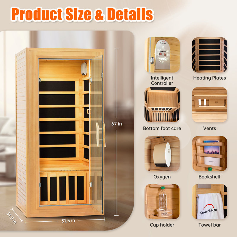 Far Infrared Sauna for Home 1 Person Hemlock Wood Dry Sauna Low EMF Heaters Panels Spa Indoor Sauna with Intelligent Control Panel 31.5 * 31.5 * 67in
