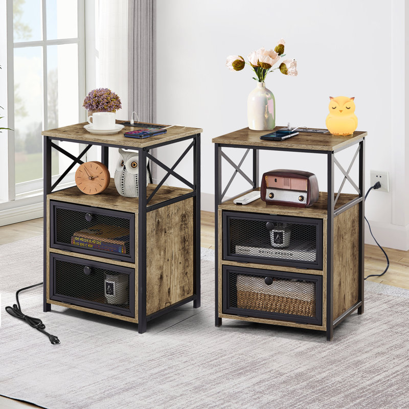 Nightstand Set With Charging Station End Side Tables Set With Storage Drawers And USB Ports & Power, Gray