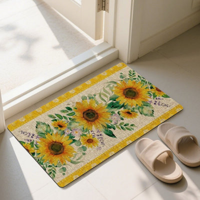 Tapis jaune, vert, aquarelle et porte de tournesol pour jardin et cuisine, 24 po x 36 po