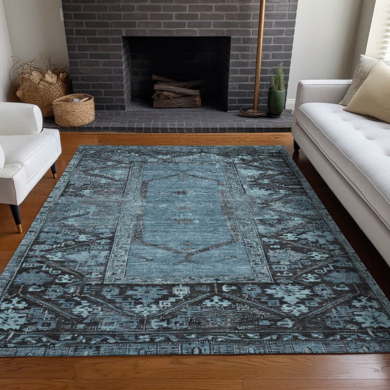 Machine Washable Indoor/Outdoor Xhevrie Blue Rug, Rectangle 5' x 7'6"