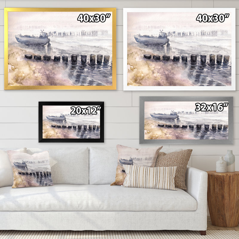 Bateau de pêche dans le port - Peinture sur toile, H 16 po x l 32 po, Cadre noir