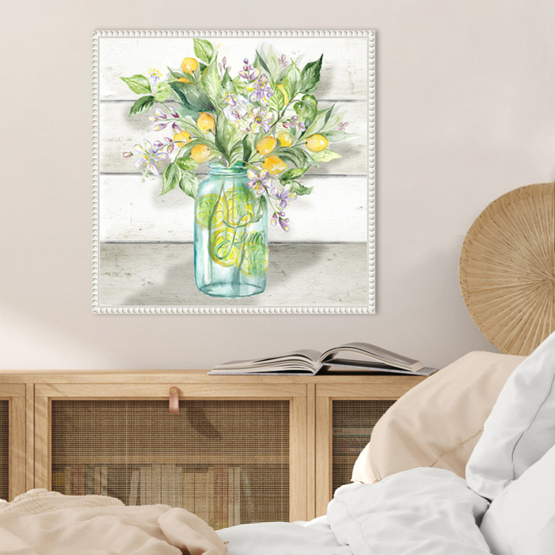 «Watercolor Lemons in Mason Jar Shiplap» par Tre Sorelle Studios, reproduction d'art sur toile encadrée, 22" H x 22" W