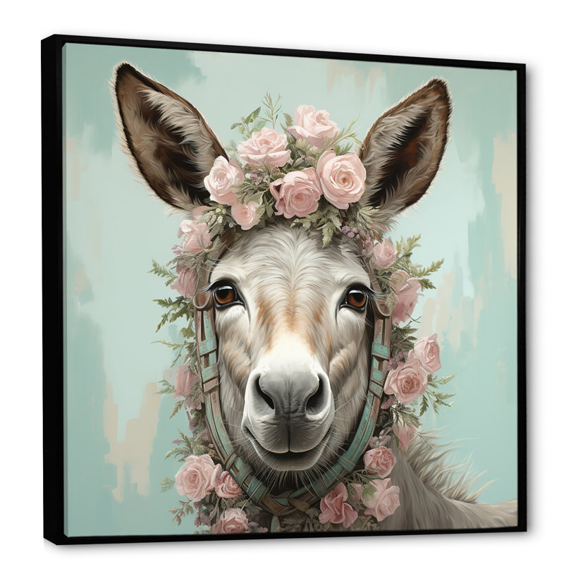 Adorable portrait floral d'âne - art mural d'âne, H 36 po x l 36 po x P 1,5 po, Cadre flottant noir