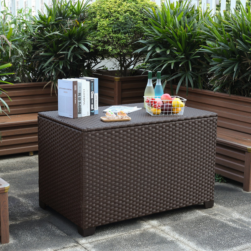 Rattaner Resistant Wicker Deck Box with Gas Spring Lid and Zippered Waterproof Inner Bag, Brown, 29.7" H x 46.5" W x 28.3" D