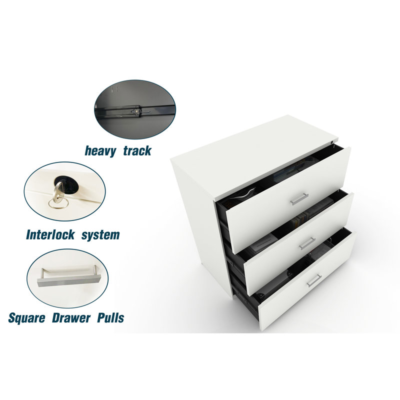 My-Hite Metal with Lateral Filing Cabinet 3 Drawers, Interlock System, Tipover Restraint Device, White