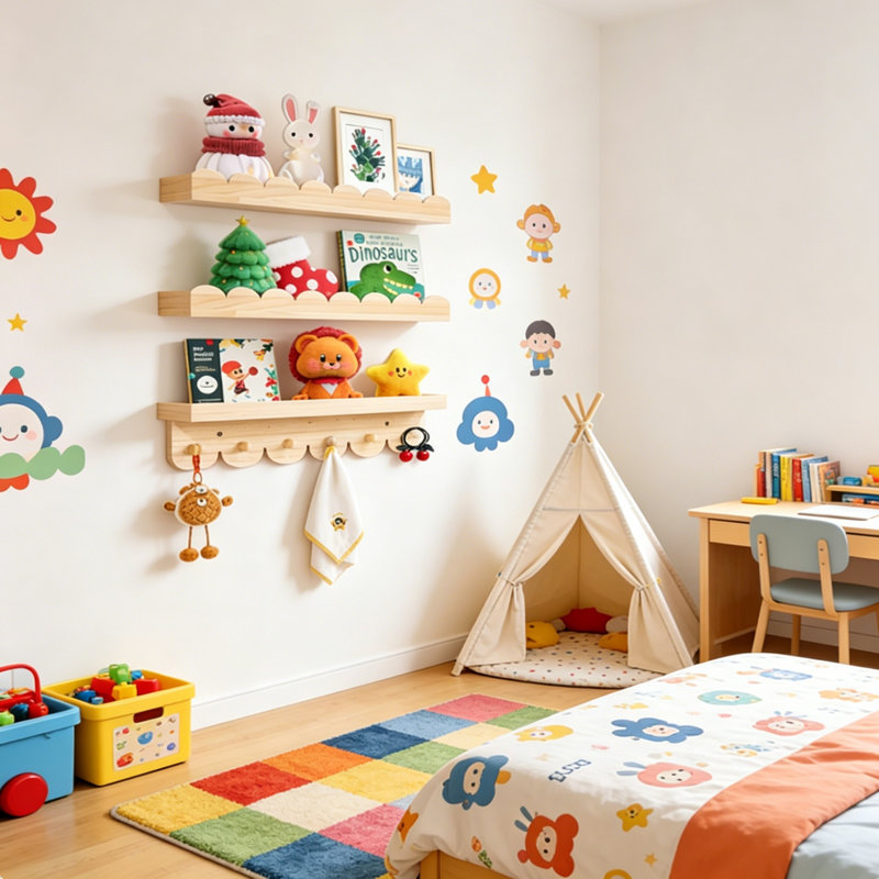 Set of 3 40cm Wooden Nursery Floating Book Shelves, Wall Mounted Kids Display Storage Shelving with Hooks, Multi-Purpose Hanging Wall Organiser for Bedroom, Living Room & Toddler Room Wall Décor