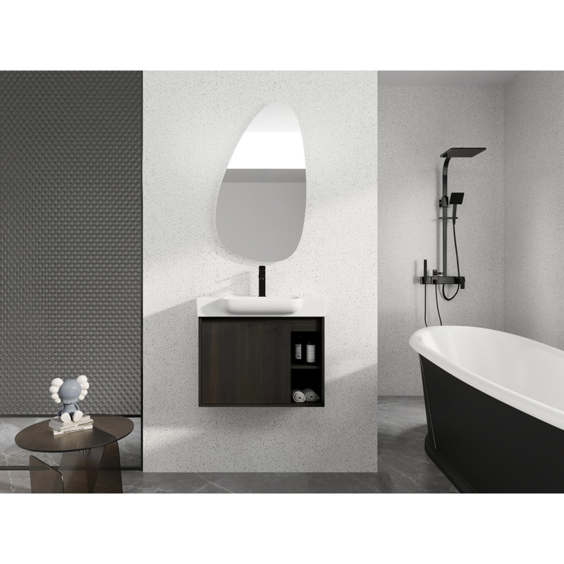 Meuble-lavabo mural 28 po avec lavabo en céramique blanche et porte à fermeture en douceur, emballage KD, chêne foncé, 27"