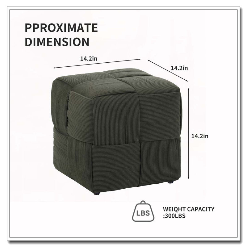 Square Corduroy Woven Design Ottoman, Green
