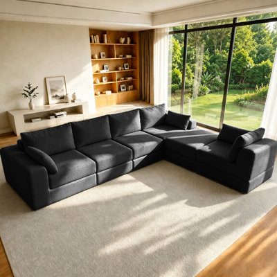 L Sectional Sofa Couch Set,Modular 130"U Shaped Floor Living Room Sofa Set With 4 Pillows,DIY Combination Sofa Couch for living rooms, apartments,bedrooms,black,corduroy
