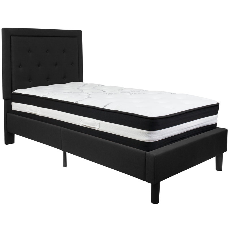Aluino Panel Tufted Upholstered Platform Bed and Pocket Spring Mattress, Black, Twin