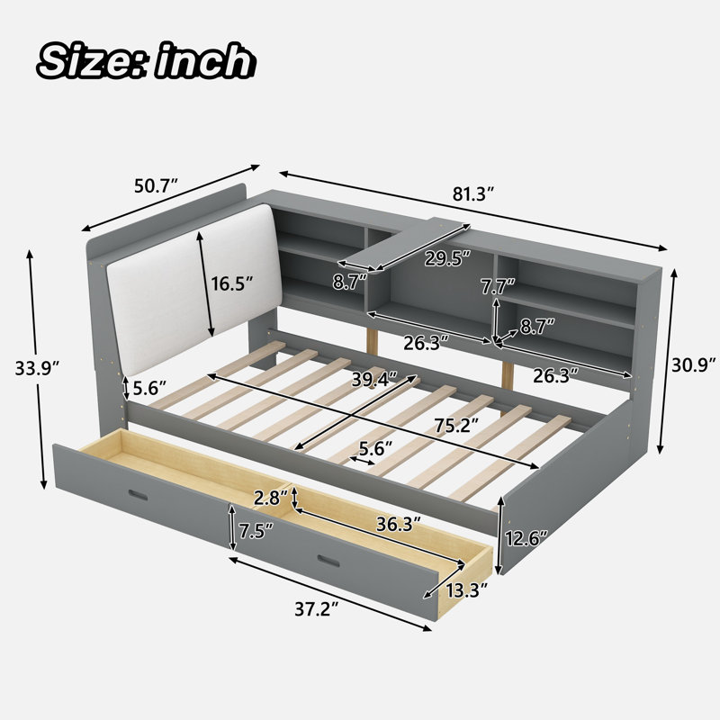 Lordina Bed with Upholstered Storage Headboard, Side Shelves and A Rotating Board, Grey