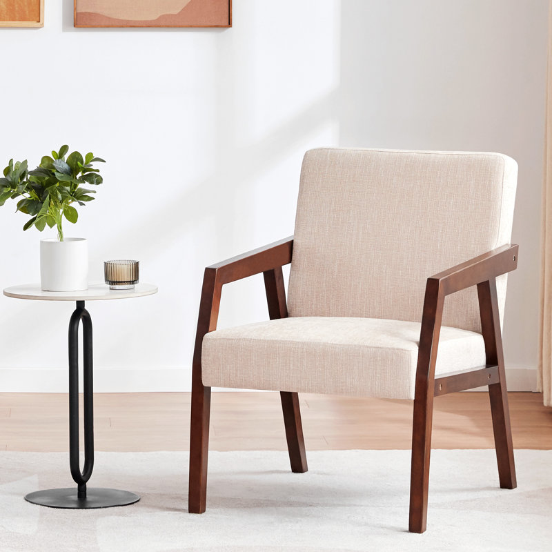 Chaise d'appoint Mid-Century moderne en bois massif, tissu de lin
