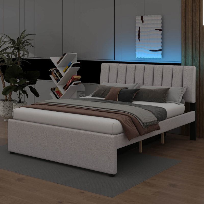 Lit plateforme tapissier Teddy, Beige, Grand lit