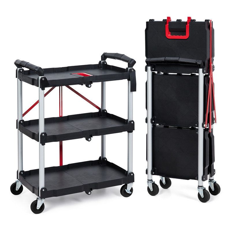 Collapsible Utility Cart, 3-Tier Foldable Service Cart with 360° Swivel Wheels, Red