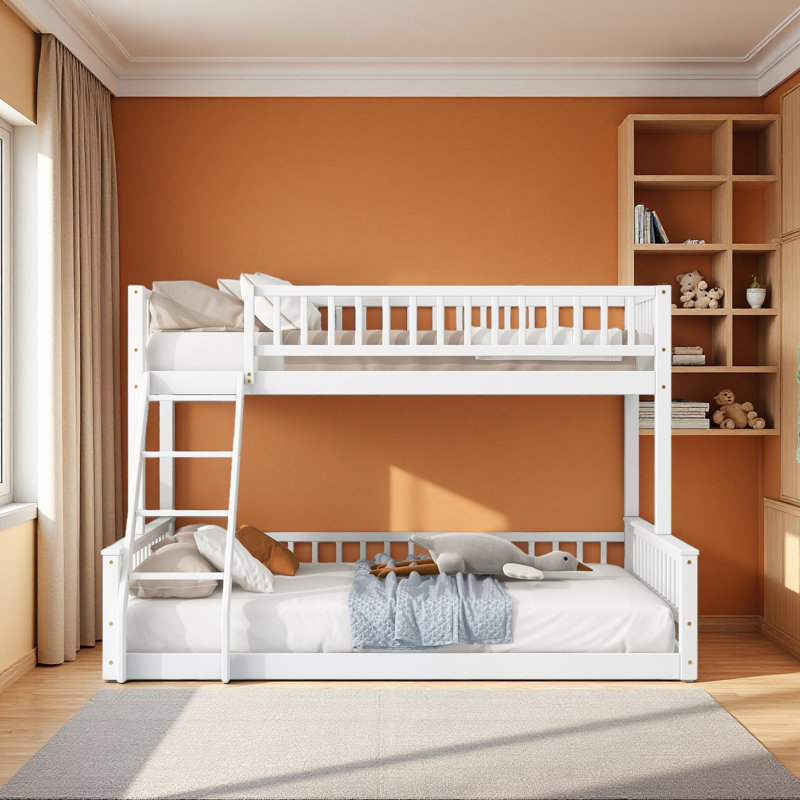 Twin XL Over Queen Bunk Bed With Ladder And Guardrails, White