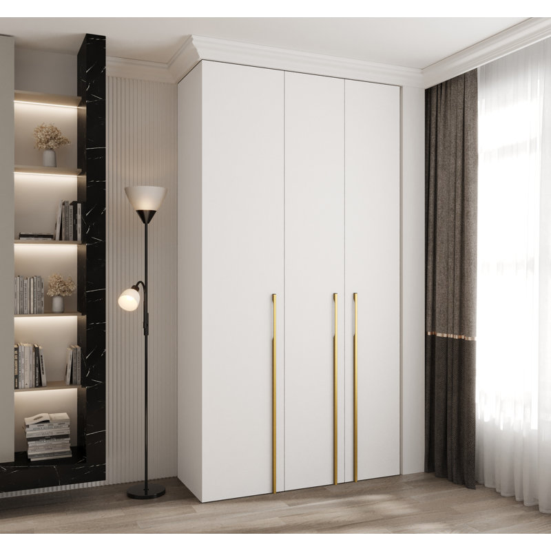 3 Door Manufactured Wood Wardrobe, white matt + handles: gold, 245,5 H x 130 W x 40 D