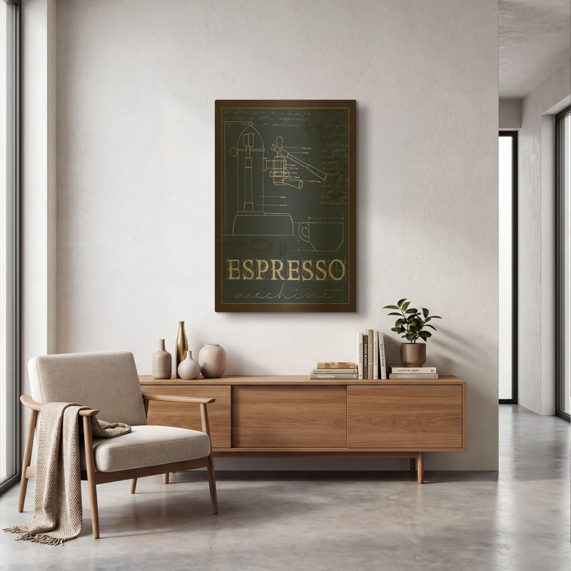  «Coffee Blueprint 4 Indigo» par Marco Fabiano, art mural en métal doré, 24 po x 36 po, 24 po x 36 po