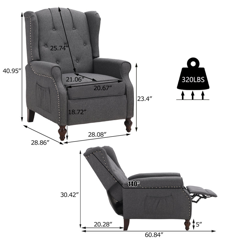 Upholstered Push Back Recliner Chair with Heat and Massage Function For Living Room, Gray Polyester Blend
