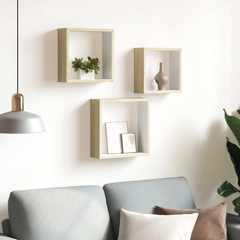 Tablettes murales cubiques flottantes, Blanc / Chêne de Sonoma, H 10,6 po x l 10,6 po x P 3,9 po