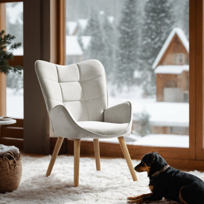 Chaise d'appoint à haut dossier, chaises à oreilles rembourrées avec dossier à oreilles, fauteuils pour chambre à coucher, salon, beige et noyer