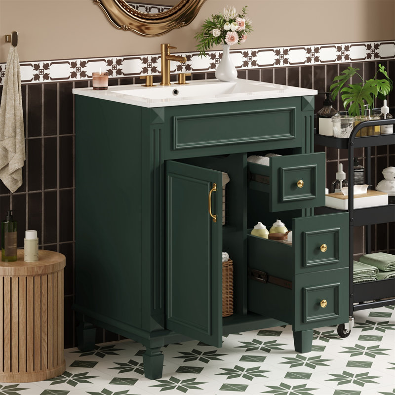 24"W Freestanding Single Bathroom Vanity with Ceramic Sink Top and Soft-Close Cabinet, Green