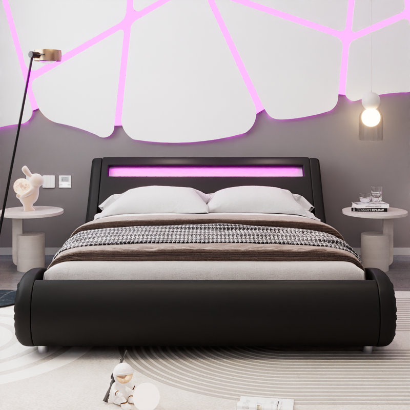 LED Platform Bed Frame With Adjustable Headboard with Wooden Slats, no Box Spring Needed, Queen, Black