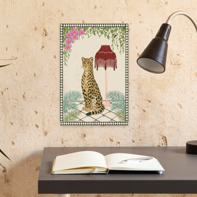Élégant léopard tropical, rétro, rétro, chat, orchidée, palmier, fleur, art mural