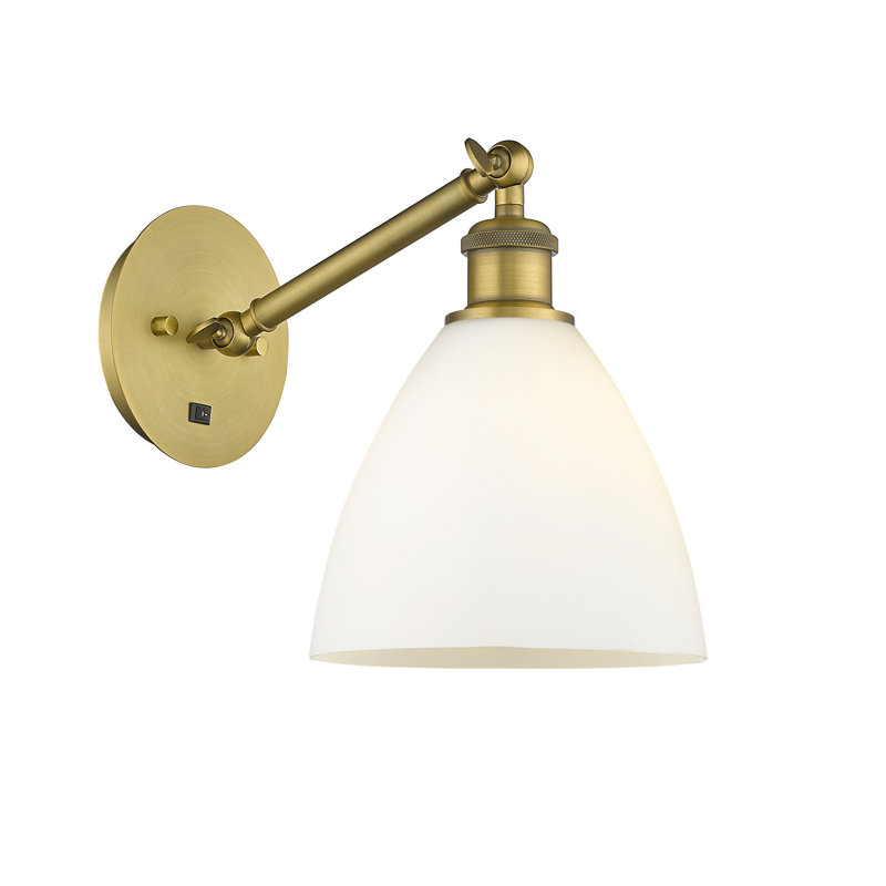 Applique murale 1 lumière en verre Shauna 7,5 po 8 po avec bras réglable, Blanc mat, Incandescente, Laiton brossé
