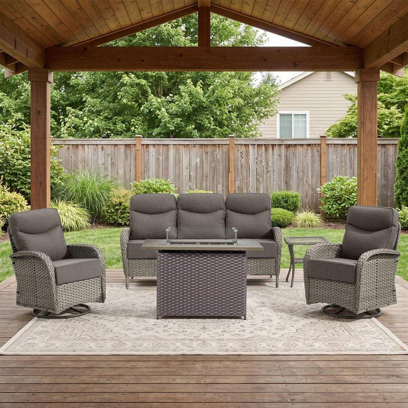 Ensemble de conversation d'extérieur en osier 5 pièces avec canapé et chaises pivotantes, Gris