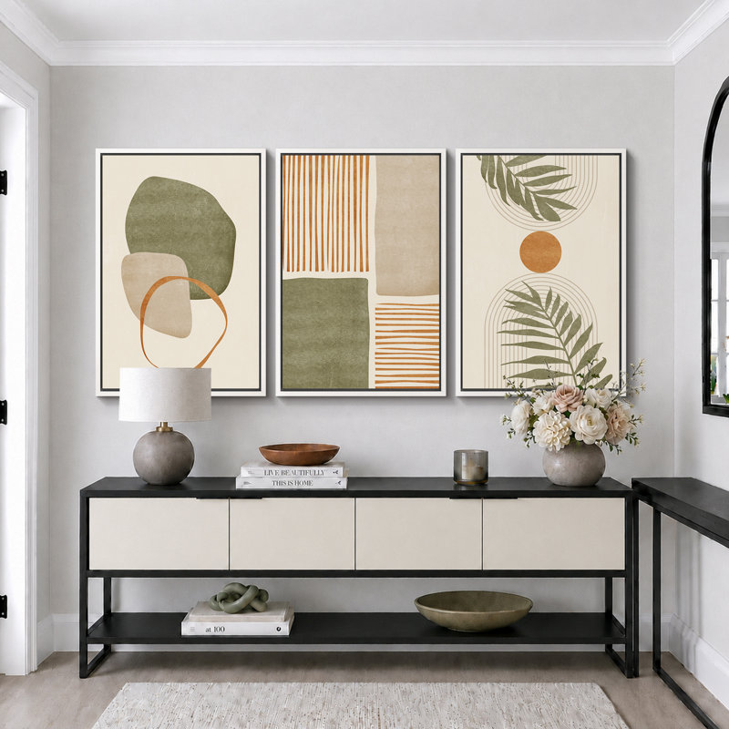 «Mid Century Modern Boho», feuille organique tropicale organique, images chaudes abstraites neutres, impression sur toile encadrée, 3 pièces
