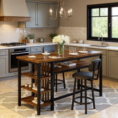 Bar Table Set For 2 With 4 Storage Shelves, 47" Industrial Breakfast Table And 2 Upholstered Counter Stools with Backrest & Footrest, Space Saving 3-Piece Dining Set of 2 for Kitchen, Living Room, Studio, Pub