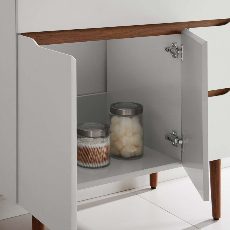 Gray White Mahogany Wood 36" Mid-Century Modern Bathroom Vanity