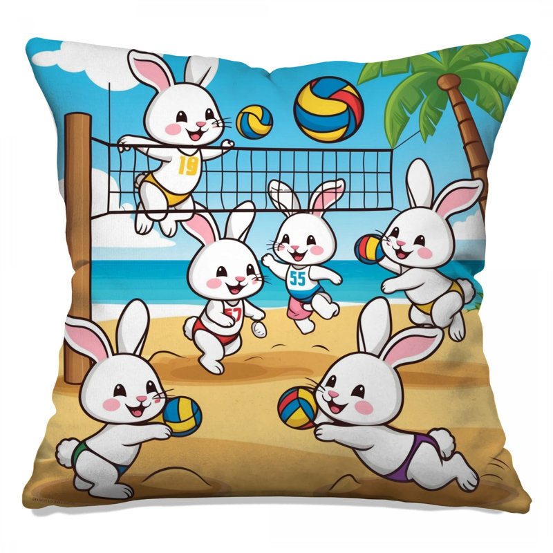 Caricature de lapins jouant au volleyball - Coussins décoratifs à double face, 14 X 14 pouces