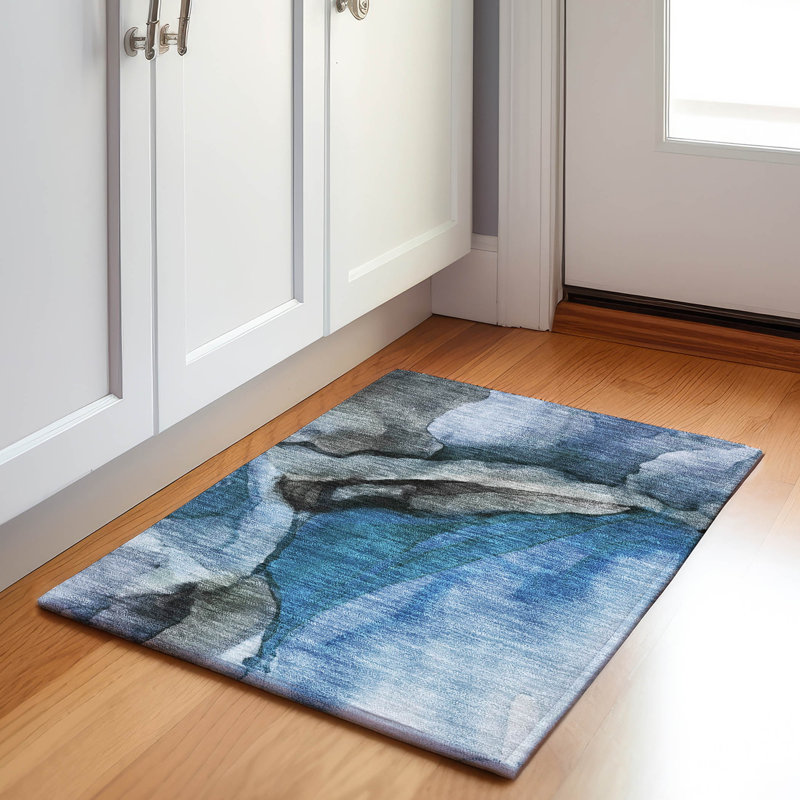 Machine Washable Indoor/Outdoor Xhevrie Blue Rug, Rectangle 1'8" x 2'6"