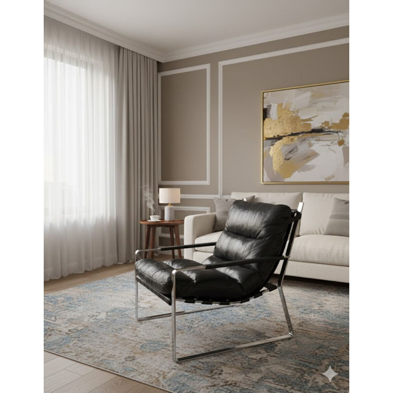 Chaise en cuir noir avec structure en acier inoxydable chromé