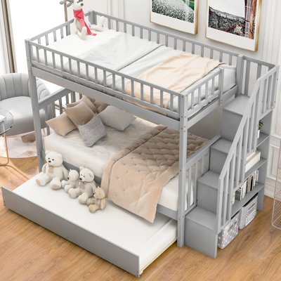 Lit superposé simple gris avec lit gigogne et rangement, matériau principal en bois de pin
