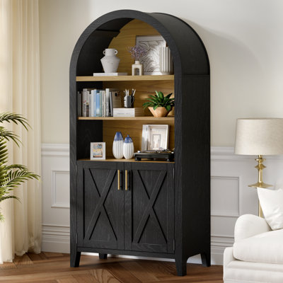 Modern Arched Bookcase Cabinet With Adjustable Shelves And Hidden Storage, Freestanding Display Cabinet With Doors For Living Room, Kitchen Or Home Office