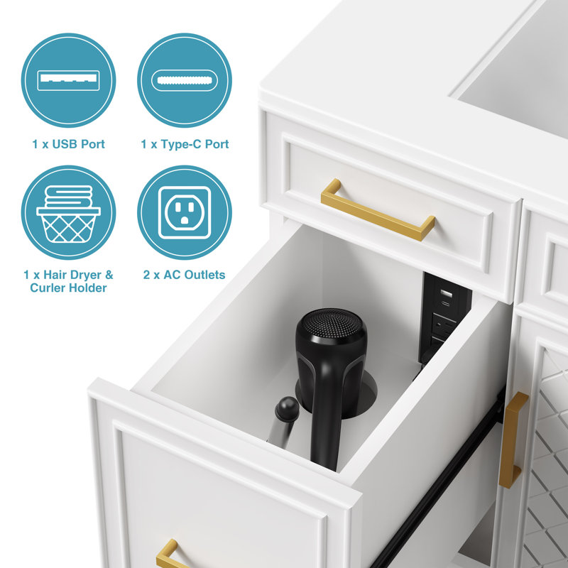30'' Single Solid Wood Construction Bathroom Vanity With Sink, 2 Power Outlets, 1 Usb Port, And 1 Tybe C Port, White