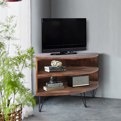 Fan Shape Reclaimed Wood Corner Media Table For Living Room Wise Use Your Space