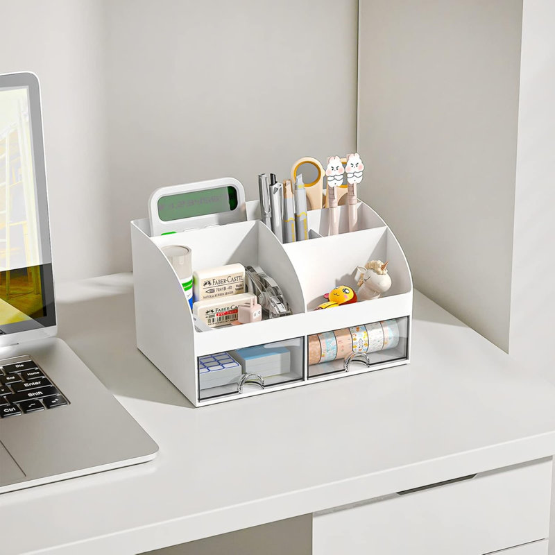 Organisateur de bureau avec 6 compartiments et 2 tiroirs, organisateur de maquillage en plastique, porte-stylo pour rangement de bureau, organisation de bureau pour l'école, la maison, fournitures de bureau (blanc)