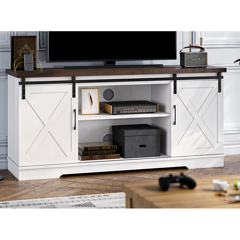 Entertainment Center With Storage And Sliding Barn Doors, Modern Media Tv Console, White/Brown