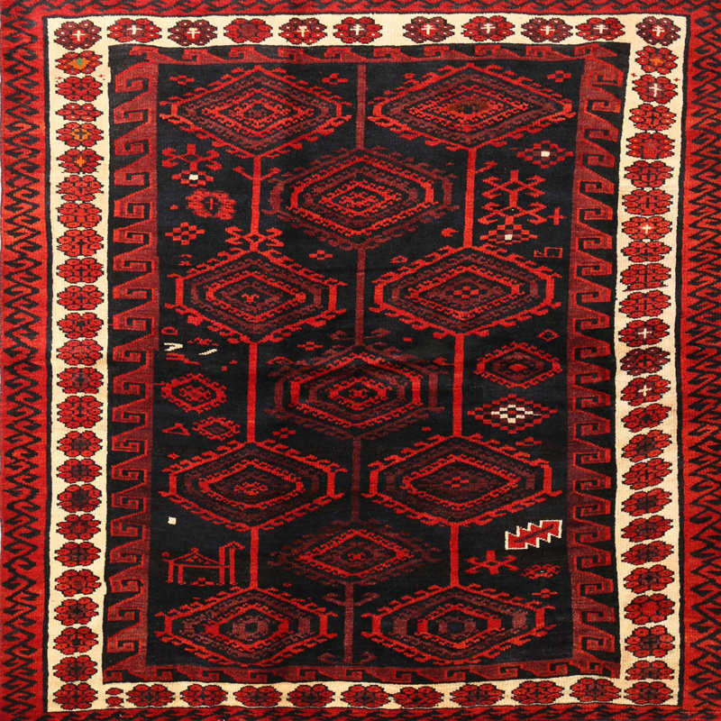 Tapis traditionnel rouge / noir, Carré 5 pi