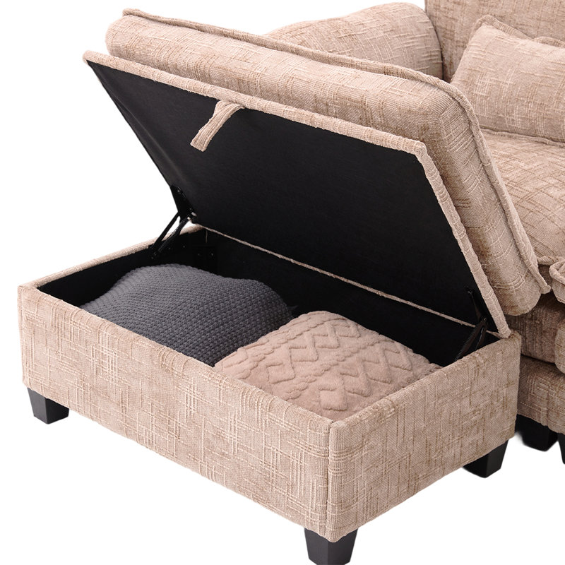 Canapé-lit modulaire surdimensionné de 112 po UNI US WIN pour le salon, canapé en L en chenille moderne, canapé-lit modulaire confortable avec repose-pieds à rangement mobile, support pour téléphone, port de charge USB