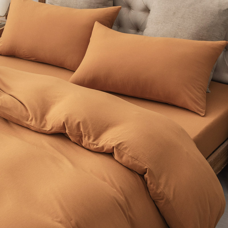 Ensemble de housse de couette en coton jersey, Housse de couette pour grand lit + 2 taies décora, Orange brûlé